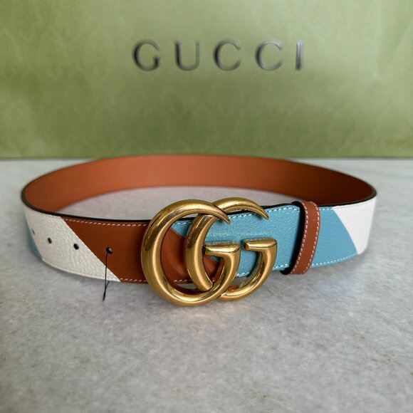 Gucci Calfskin Leather Belt Unisex GG Marmont 85cm Gold Double G 400593 - Picture 1 of 14